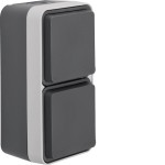 Hager WNC174 Steckdose SCHUKO AP 2fach senkrecht m. erh. B.schutz, Klappdeckel, W.1 IP55,grau 