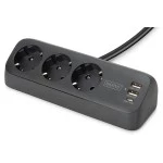 Digitus DA-70625 3-fach Office-Steckdosenleiste mit 2x USB-A und 1x USB-C Anschlüssen, Schwarz 
